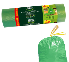Мешки для мусора 60 л, с завязками, 70х60 см, XL, зеленые, 14 мкм, 15 шт., Master FRESH