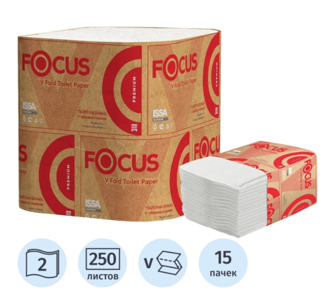 Бумага туалетная листовая Focus Premium T3 2-слойная белая 15 пачек по 250 листов (5083735) фото 1