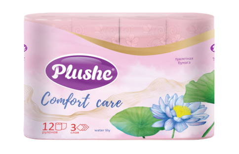 Туалетная бумага Plushe «Comfort care» water lily, розовый, аромат.,12 рул., 3 слоя,12 в уп фото 1