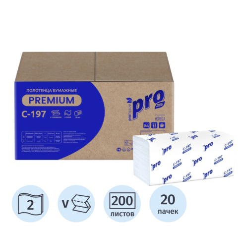 Полотенца бумажные листовые PROtissue H3 V-слож. (ZZ) 2-слой. белые 20 пачек по 200 листов (С 197) фото 1