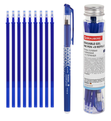 Ручка стираемая гелевая + 9 стержней в ПЛАСТИКОВОЙ ТУБЕ, СИНЯЯ, игольчатый наконечник 0,5 мм, линия фото 1