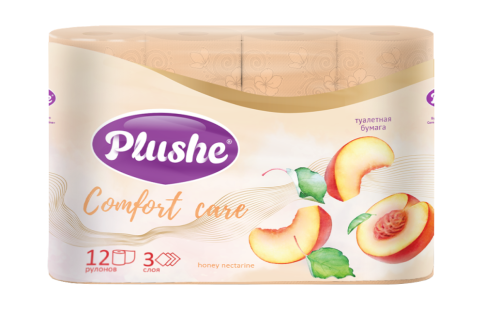 Туалетная бумага Plushe «Comfort care» Honey Nectarine, персик, аромат., 12 рул., 3 слоя, 12 в уп фото 1